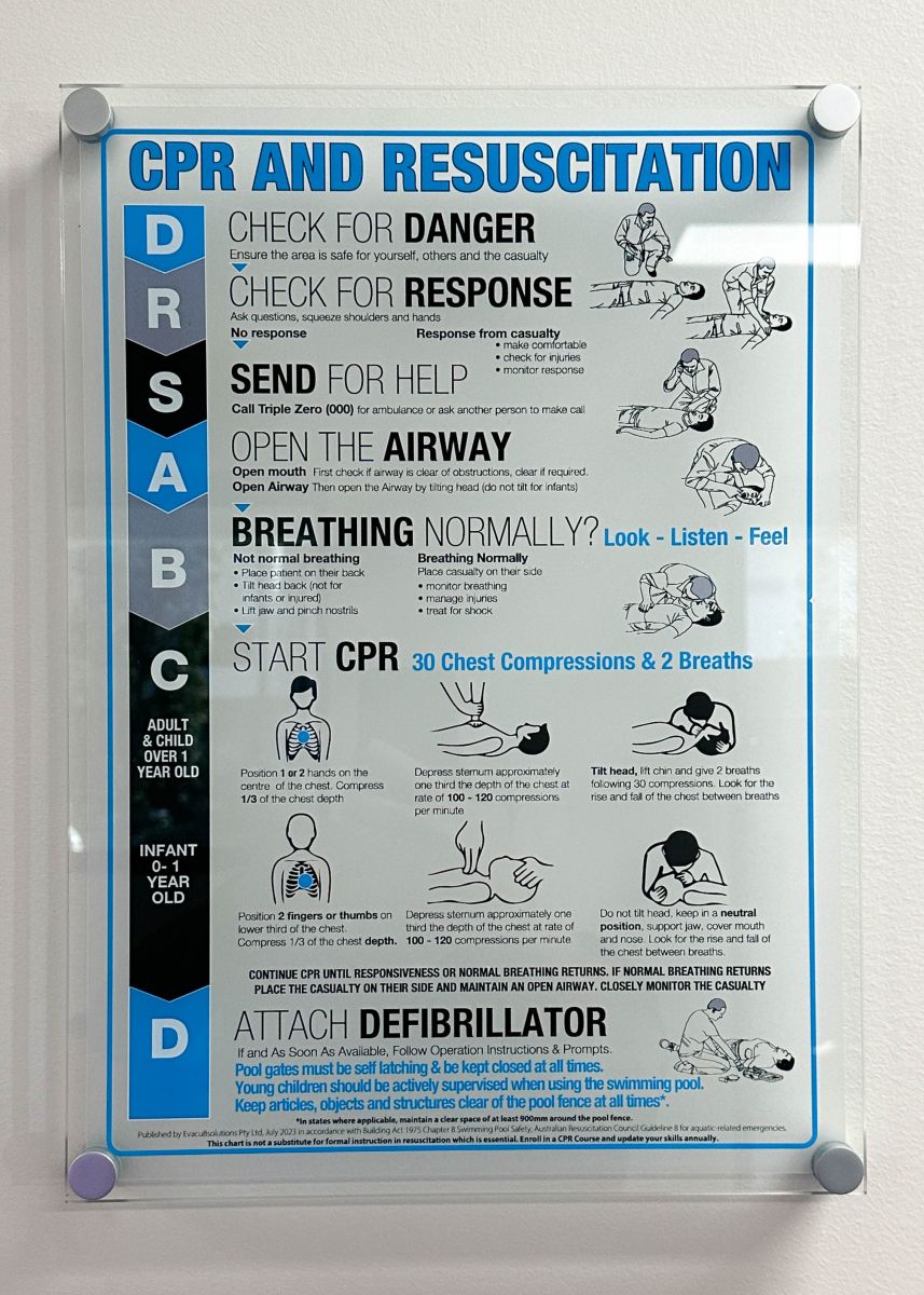 Deluxe acrylic pool spa CPR sign with aluminium standoffs