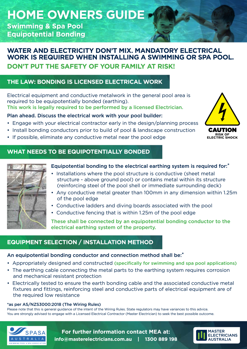Spa and swimming pool equipotential earth bonding requirements