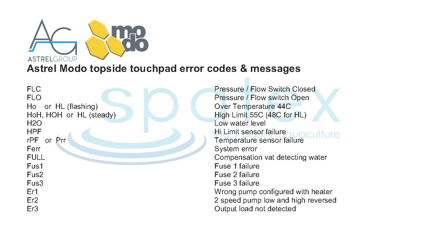 Astral Modo spa topside touchpad error messages and codes