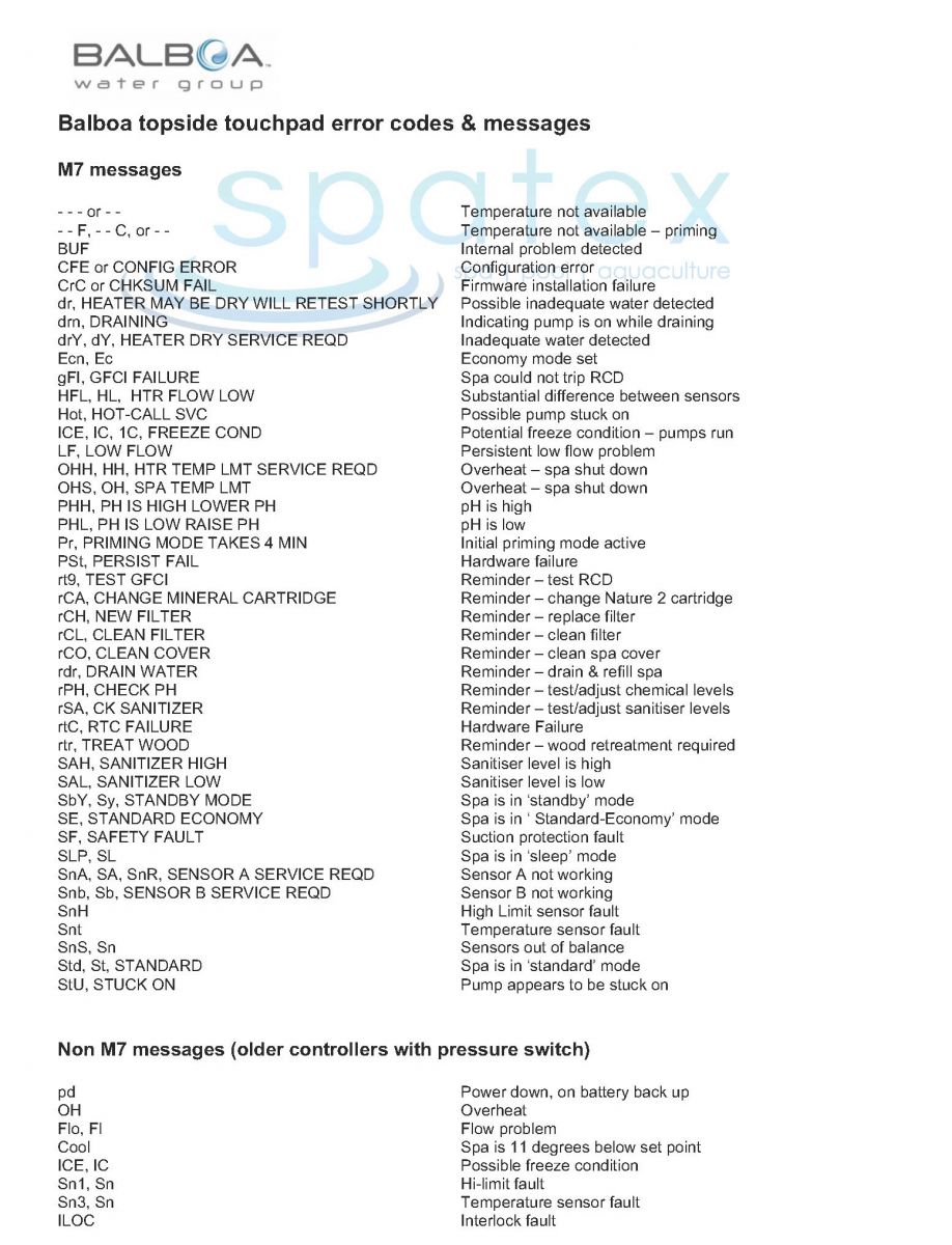 Balboa spa topside touchpad fault codes, error messages