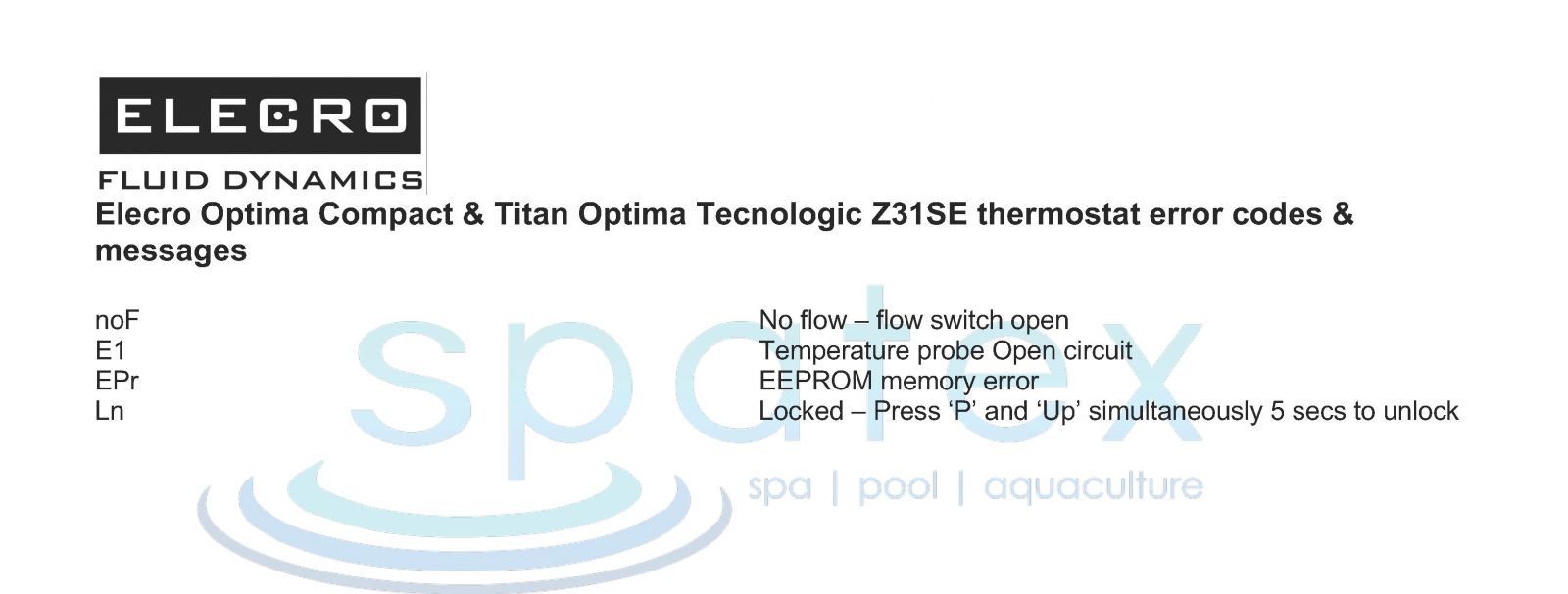 Elecro Engineering Optima & Titan heater error fault codes