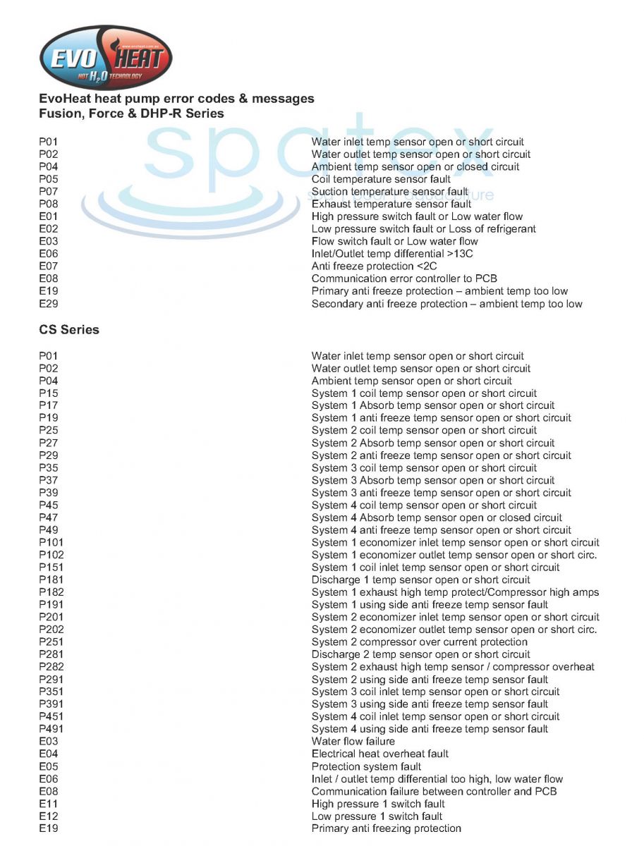 Evo-Heat heat pump error fault codes