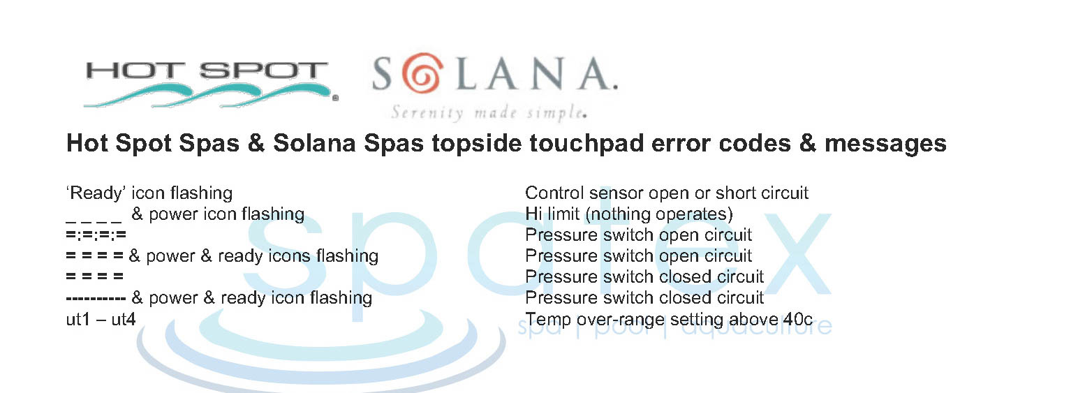 Hot Spot spas and Solana spas topside touchpad error fault codes