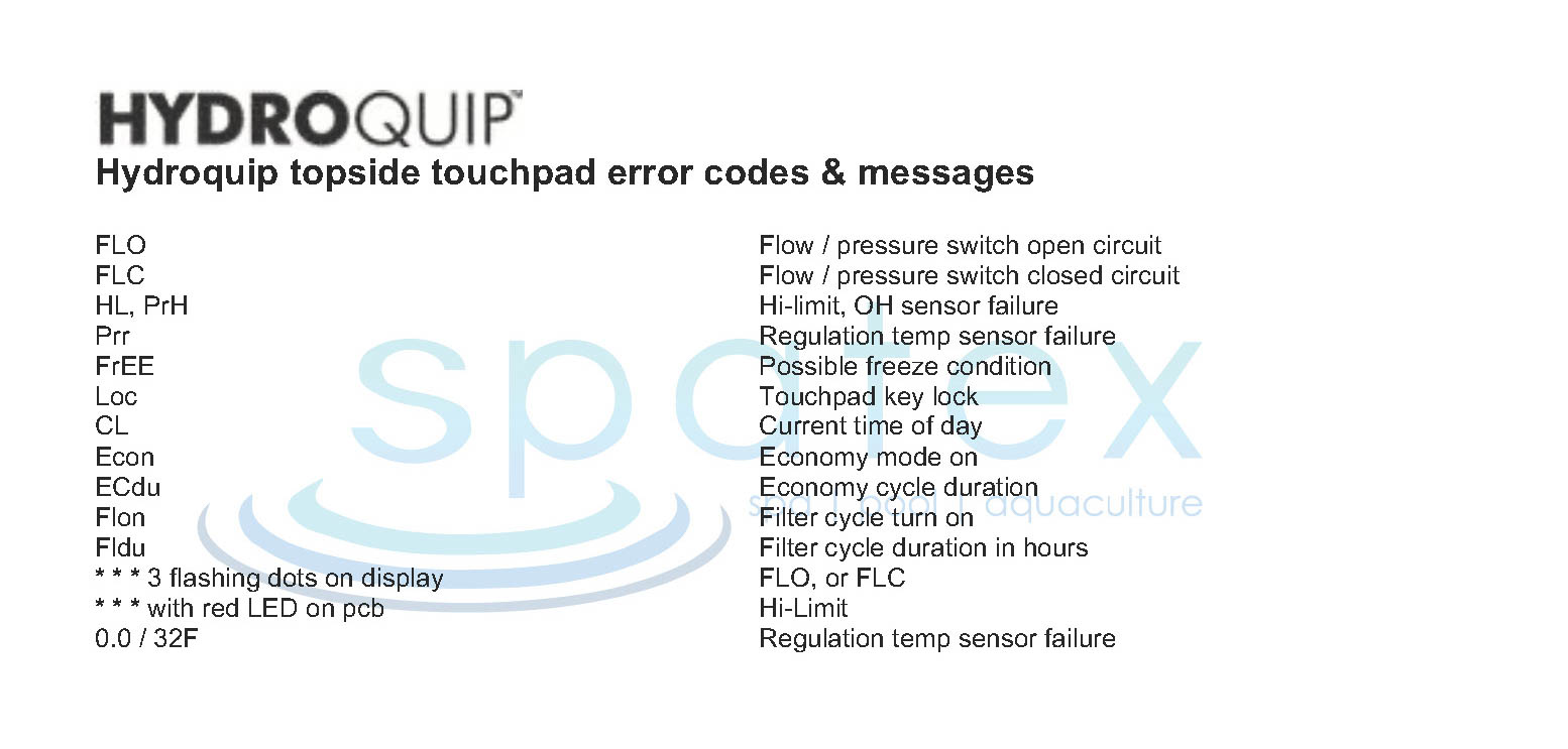 Hydroquip spa topside touchpad error fault codes