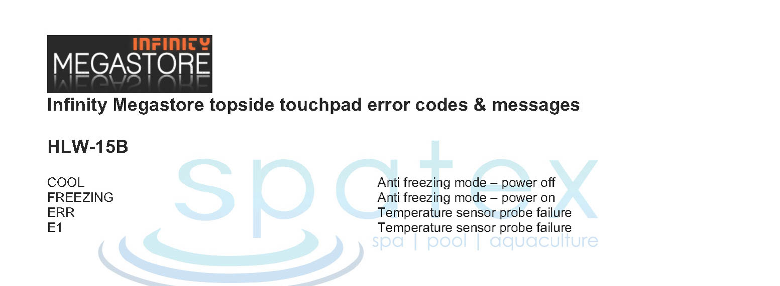 Infinity Megastore spa touchpad error codes