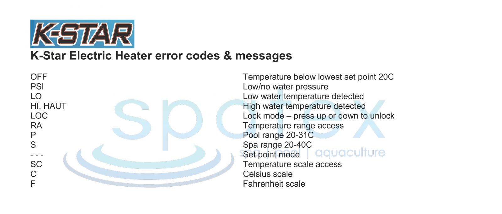 K-Star electric spa pool heater error code