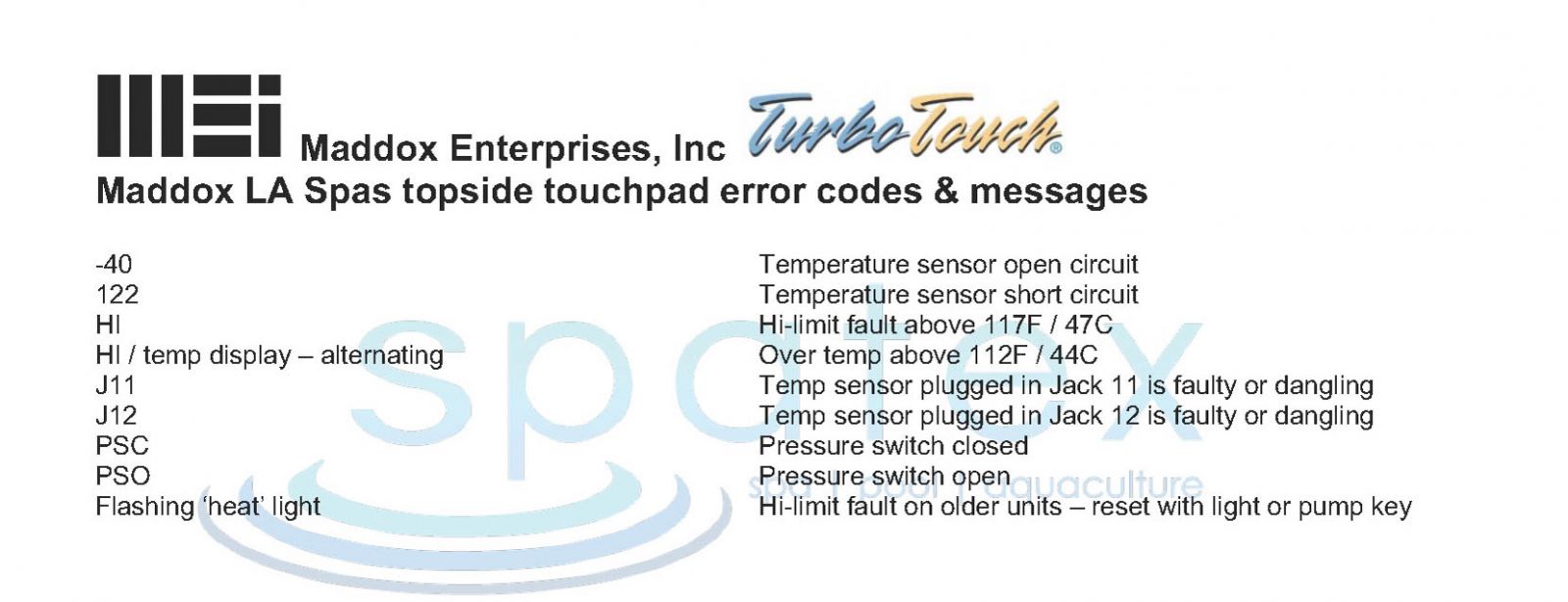 MEI Maddox LA Spas topside touchpad error fault codes