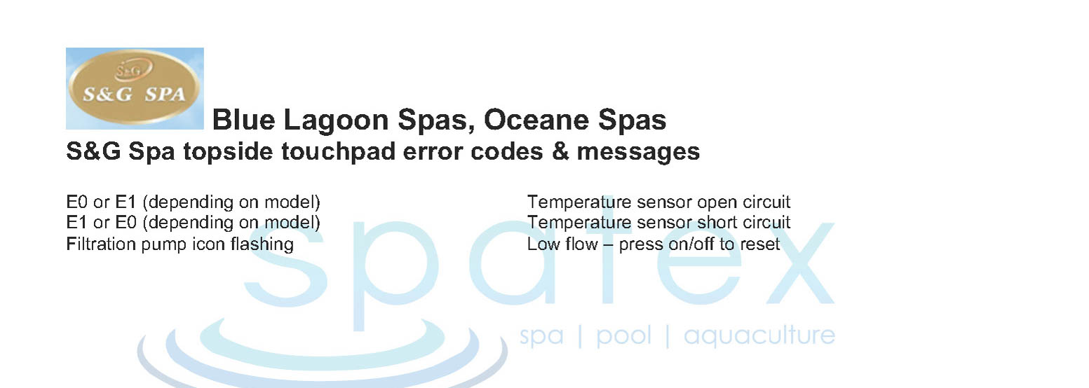 S&G, Oceane, Blue Lagoon spa touchpad fault error code message