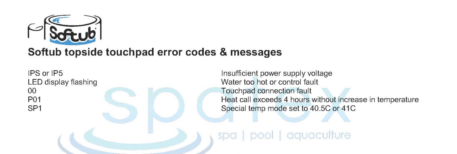 Softub topside touchpad fault codes