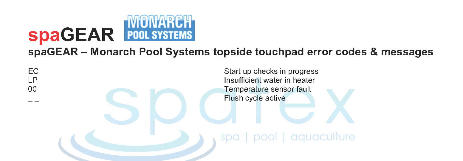 spaGear Monarch Pool Systems error fault code