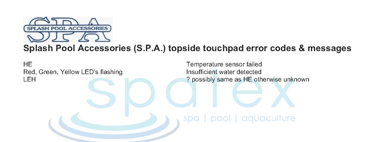 Splash pool accessories spa touchpad fault code error messages