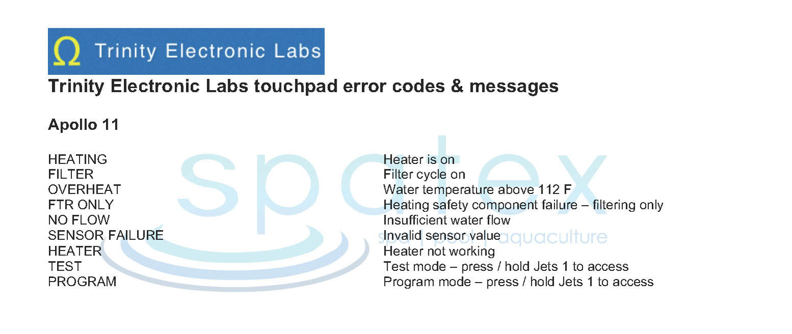 Trinity spa topside fault code message