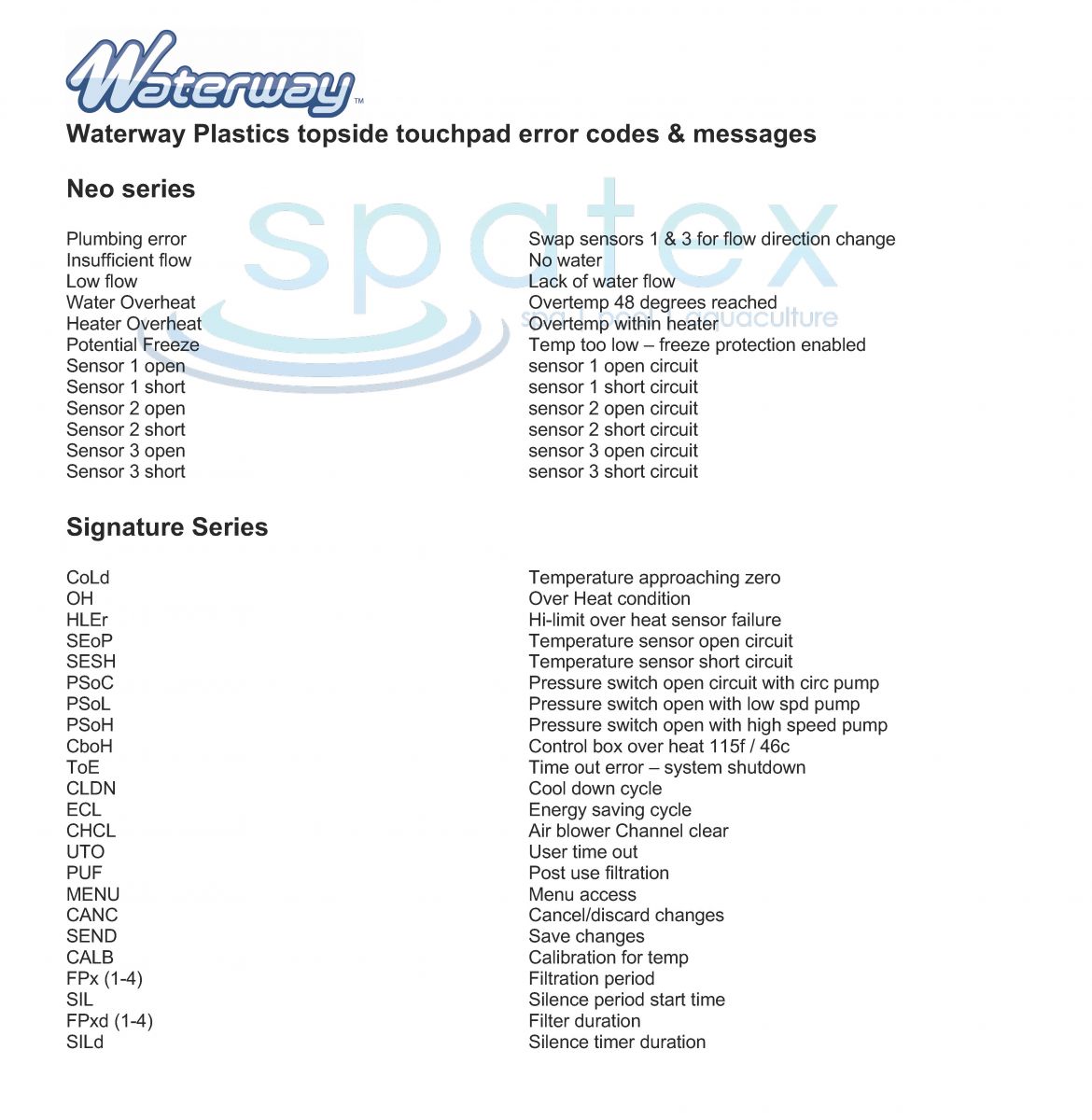 Waterway Plastics Neo & Signature topside error fault codes and messages